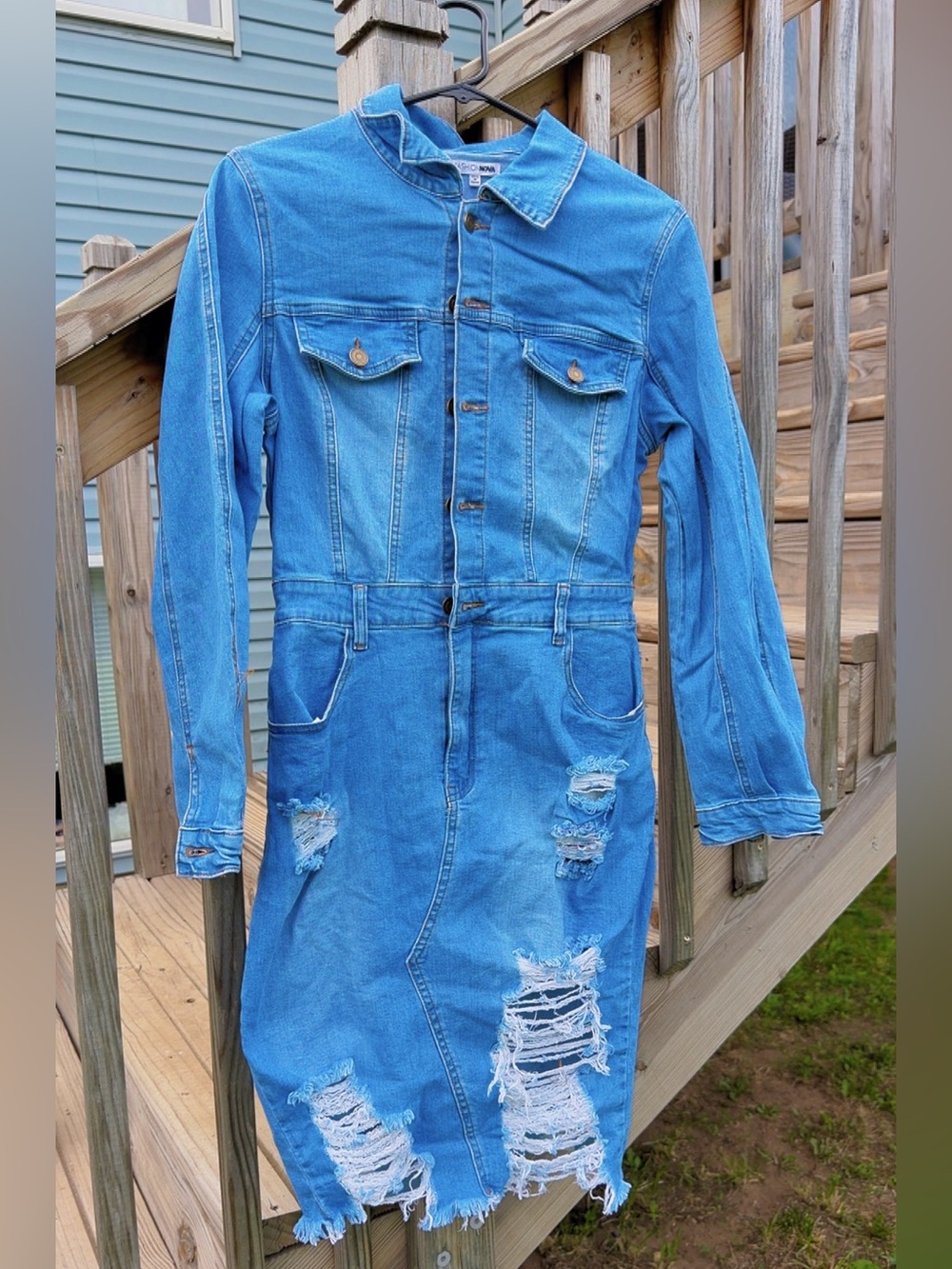 Fashion Nova Distressed Denim Shirt Dress Blue Button Front Women’s Size XL